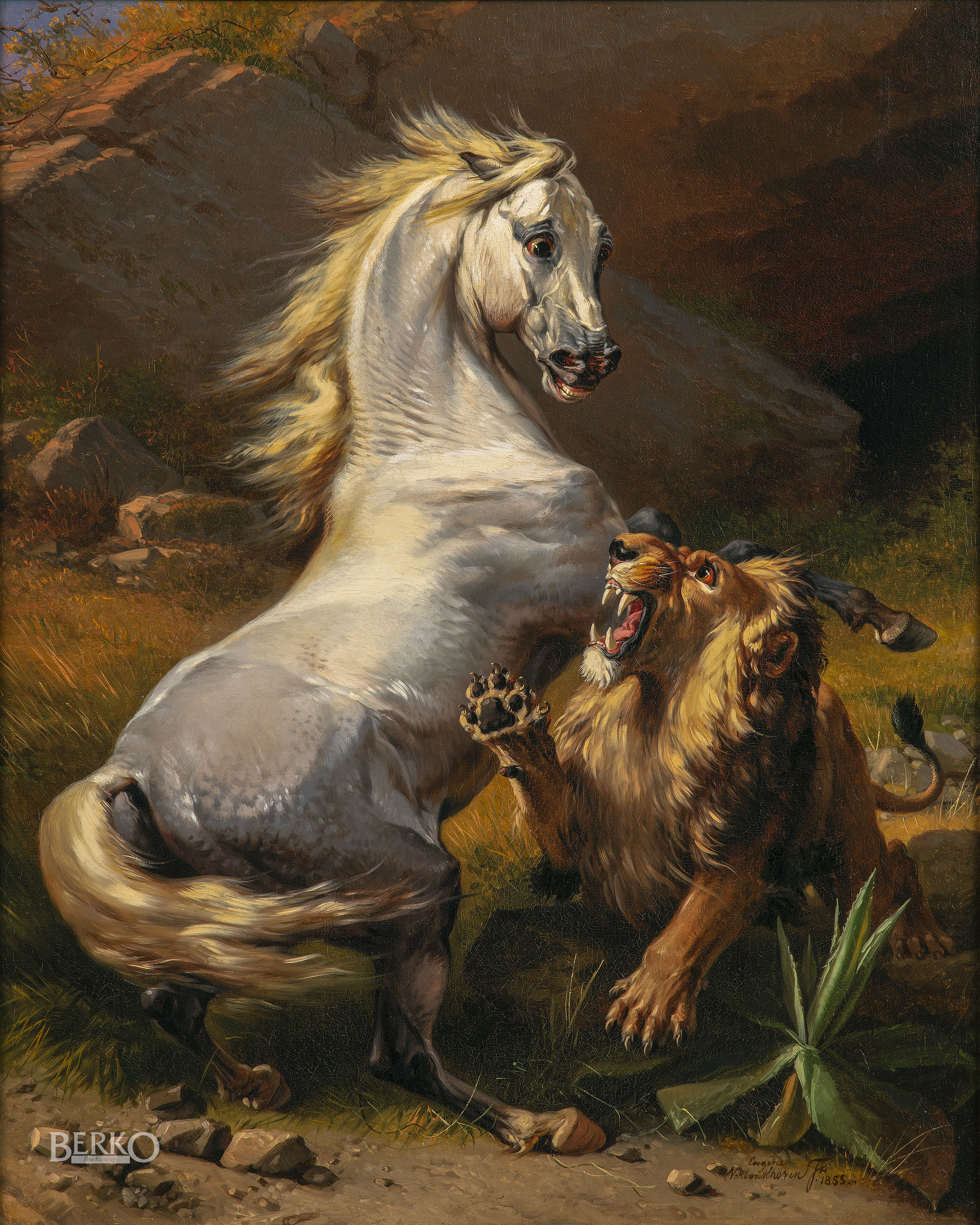 SAVAGE FIGHT BETWEEN THE REARING WHITE HORSE AND THE ROARING LION - Berko  Fine Paintings